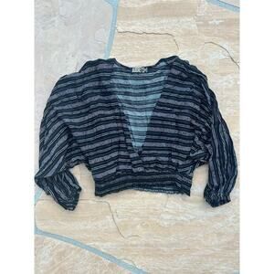 AUDREY 3 + 1 WOMEN’S LONG SLEEVE Cropped Shirt Top BLACK White Stripe BZ Large